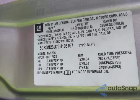 2006 Hummer H2 Suv z USA, uszkodzony, nr VIN 5GRGN23U76H105167